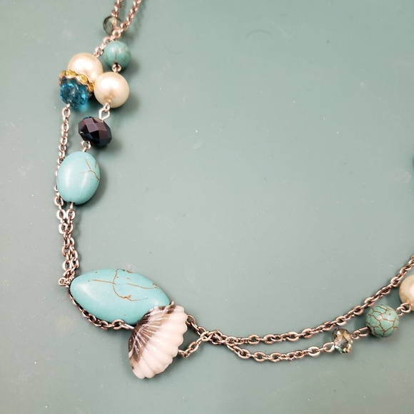 St Emerald, NWT, 2 turquoise, pearl beaded jeweled long silver fashion necklaces - Picture 4 of 16